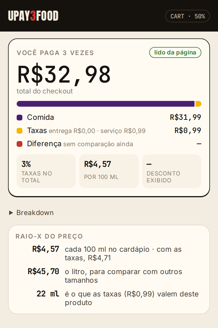 In the bag: Every number comes from the page and is checked against the total: subtotal, delivery, service fee and discount.